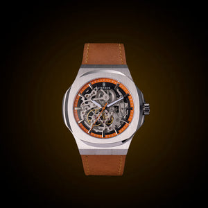 Watch with brown leather strap and transparent face on a dark background